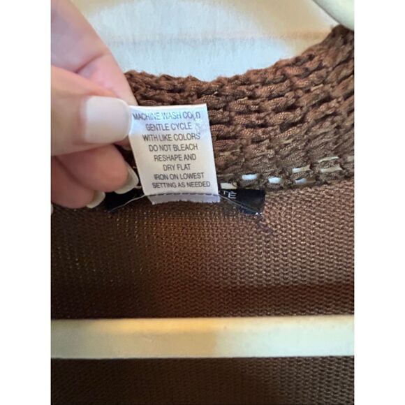 Luciano Dante Brown Knit Beaded Boho Crochet Short Sleeve Button Sweater Top XL - Picture 8 of 10